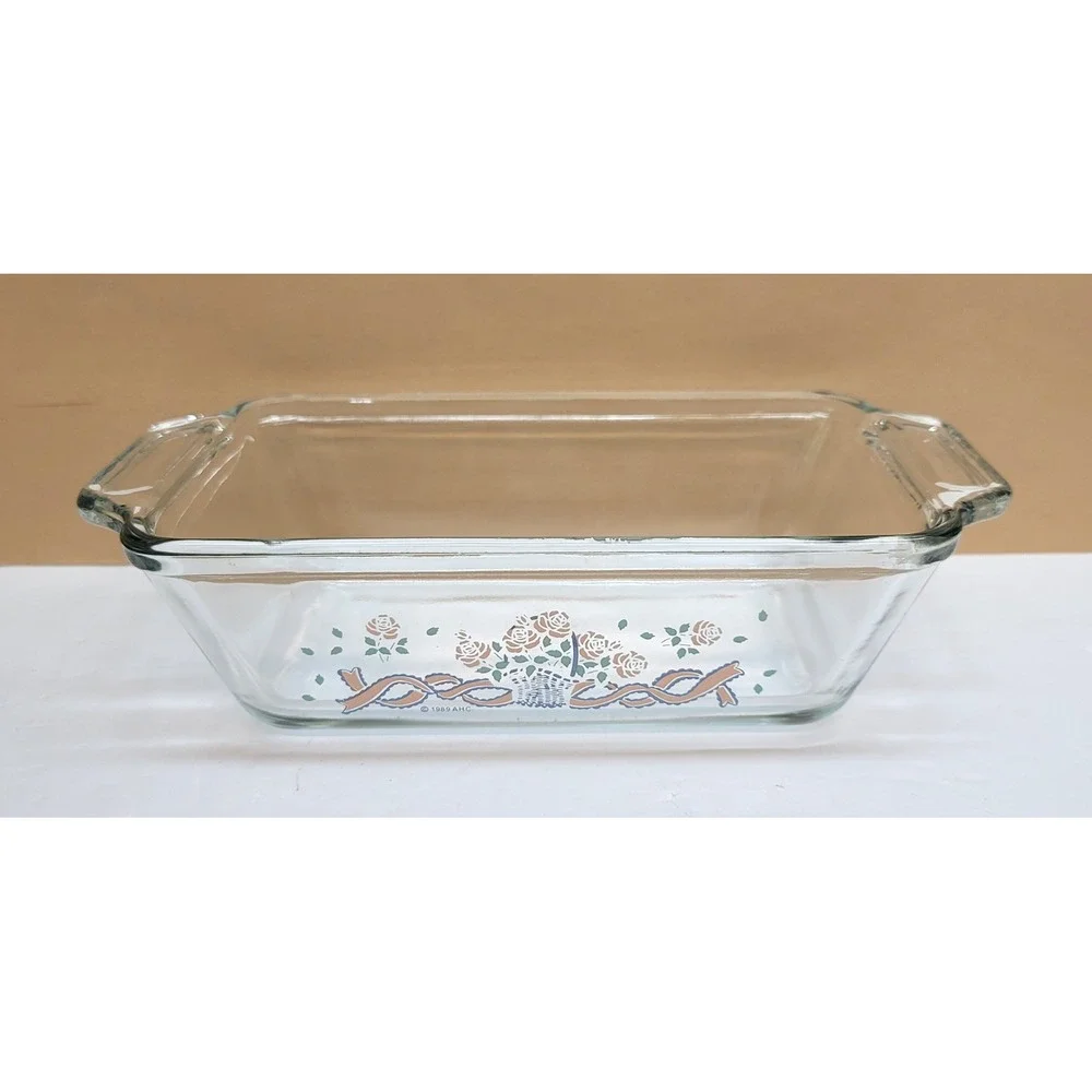 Anchor Hocking Glass Loaf Dish 1.5 Qt Floral Basket Ribbon Vtg 1989 9